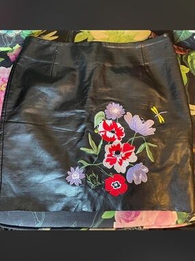 H&M Faux Leather Mini Skirt with Floral Embroidery